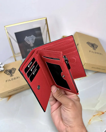 Two-tone wallet made of genuine leather, colors: black and red, model 2044