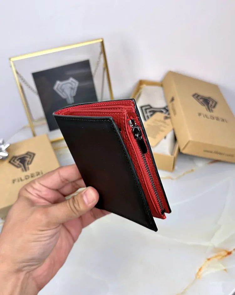 Two-tone wallet made of genuine leather, colors: black and red, model 2044