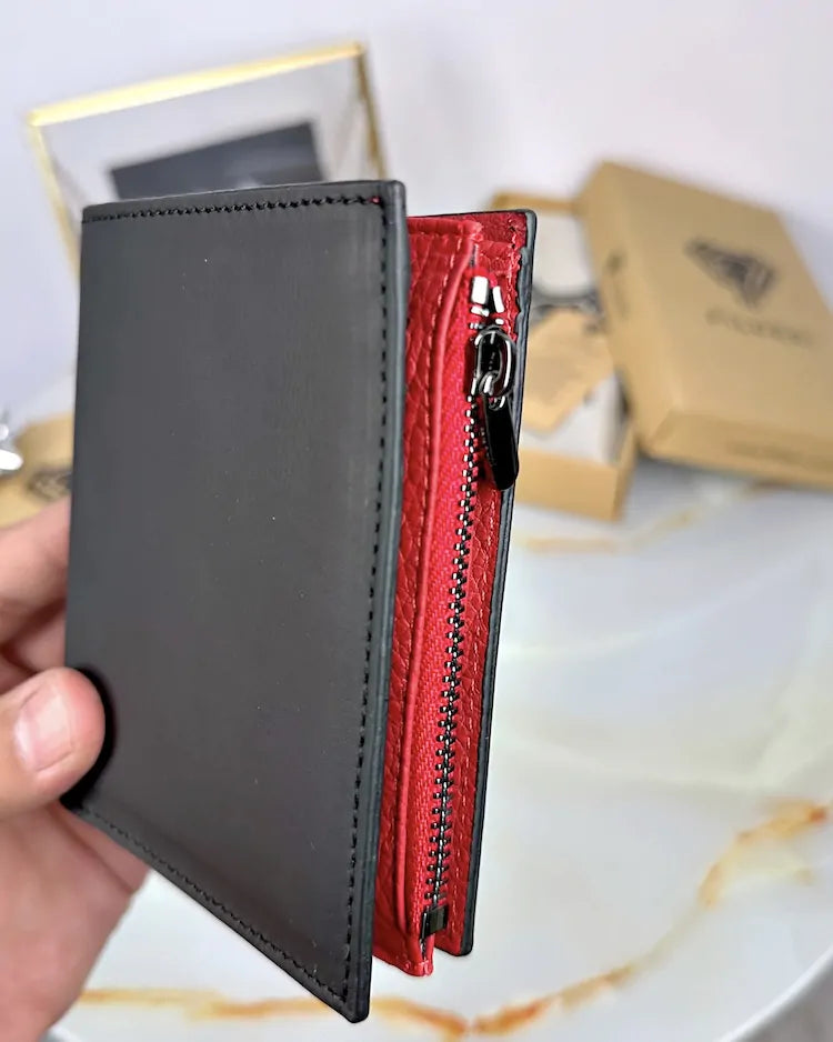 Two-tone wallet made of genuine leather, colors: black and red, model 2044