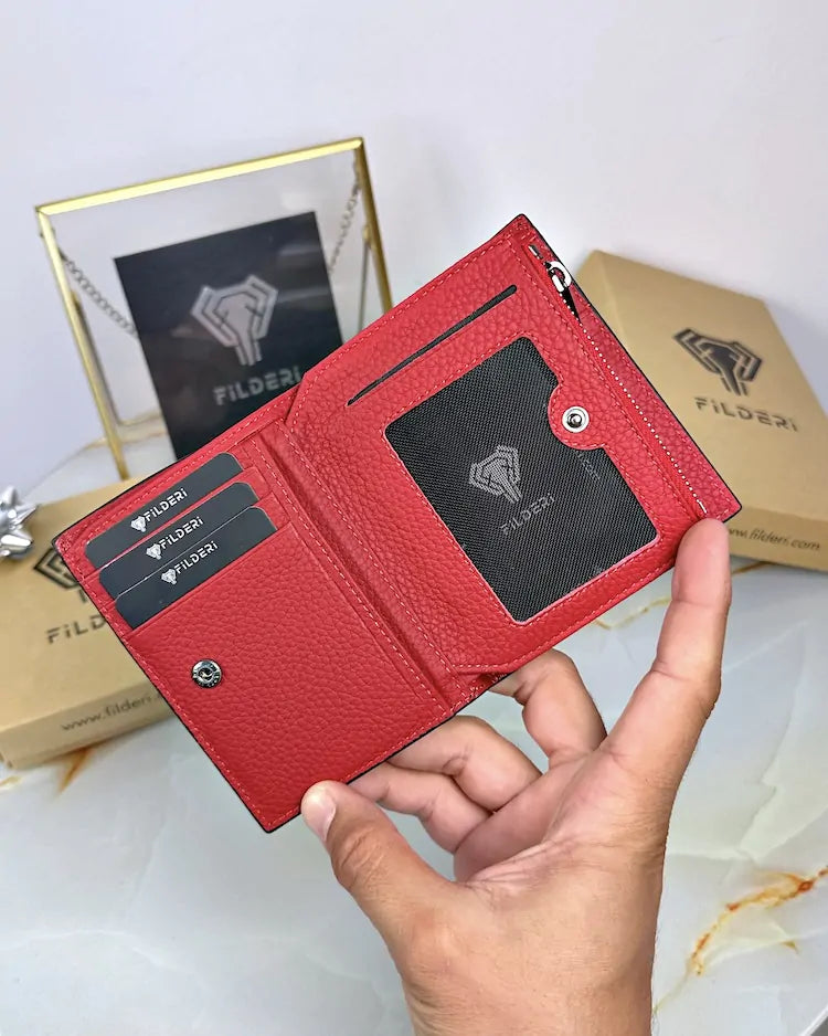 Two-tone wallet made of genuine leather, colors: black and red, model 2044