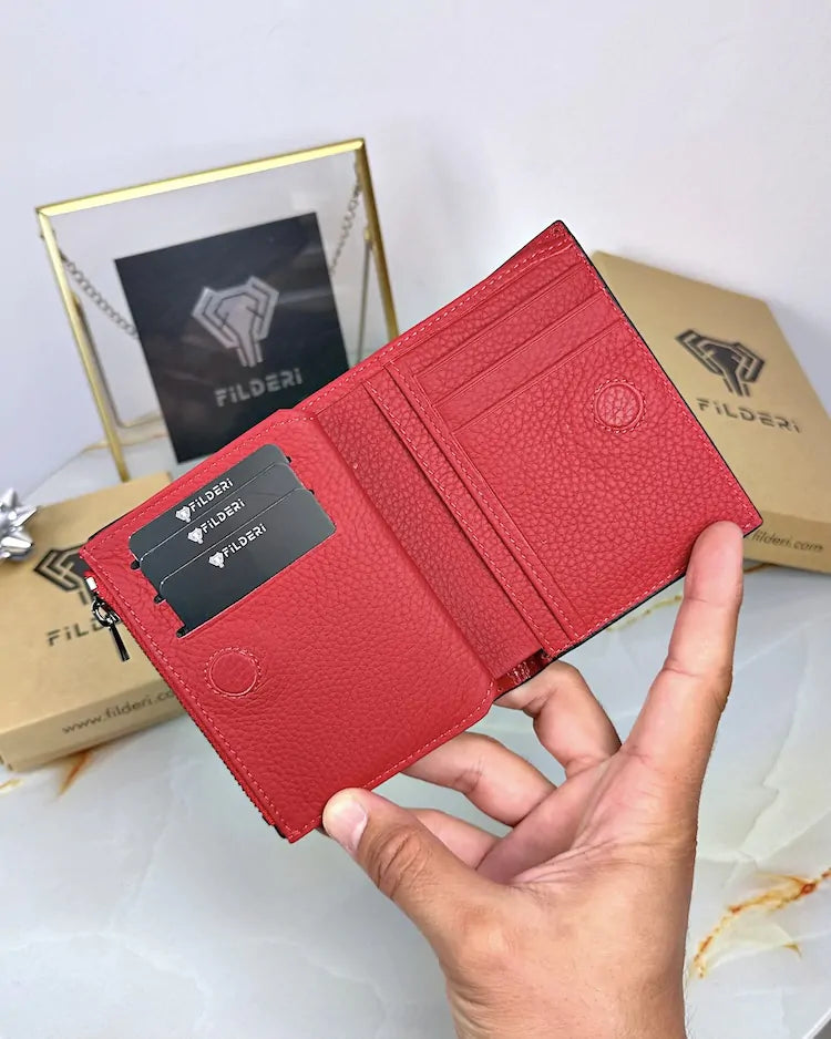 Two-tone wallet made of genuine leather, colors: black and red, model 2044