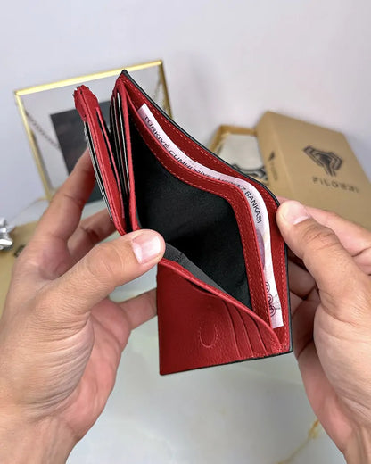 Two-tone wallet made of genuine leather, colors: black and red, model 2044