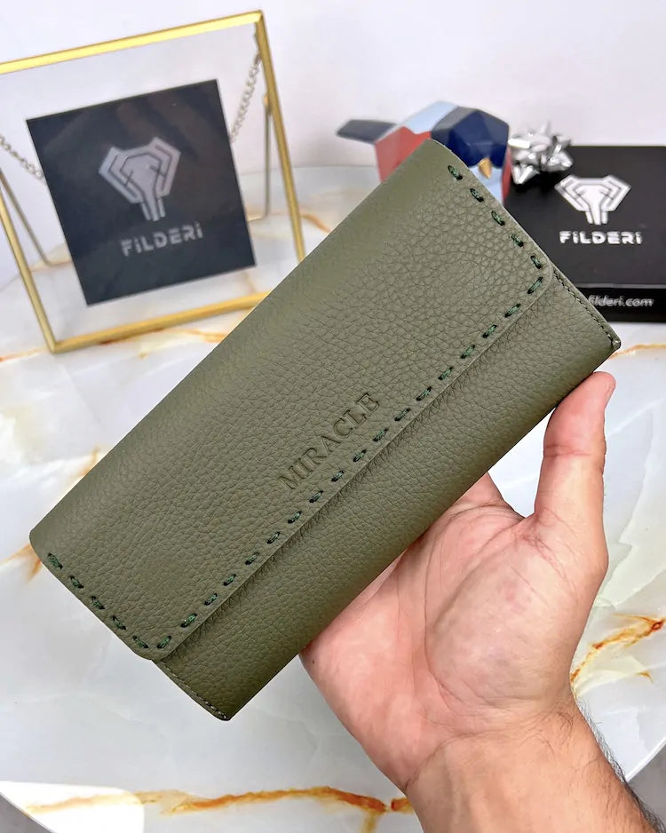 Wallet with saddle stitching, color: khaki, made of genuine leather, model 2022