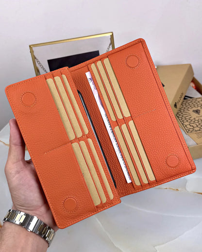 Handtaschen-Geldbörse aus echtem Leder mit Handyfach und Handschlaufe, Farbe: Orange, Modell 2028