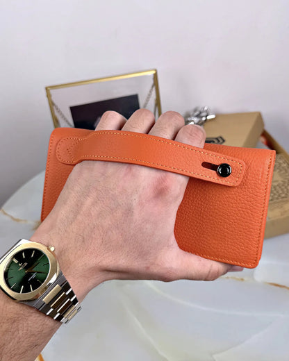 Handtaschen-Geldbörse aus echtem Leder mit Handyfach und Handschlaufe, Farbe: Orange, Modell 2028