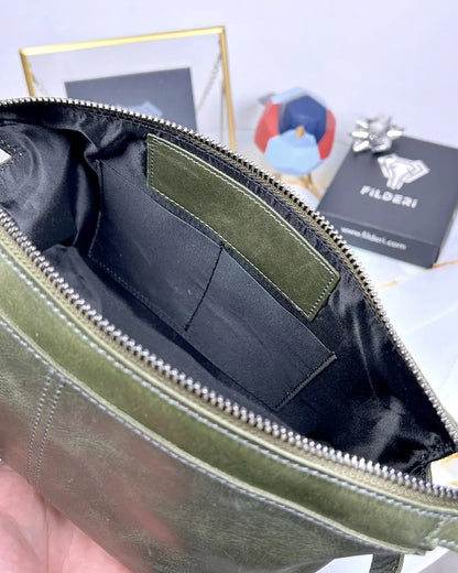 Handtasche aus echtem Leder, Farbe: Grün, Modell 2057