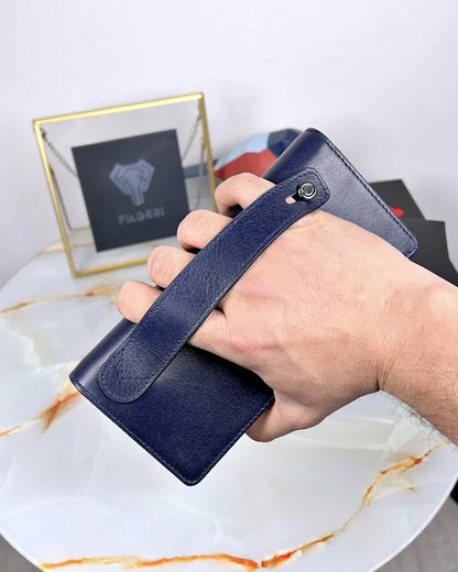 Handtaschen-Geldbörse aus echtem Leder mit Handyfach und Handschlaufe, Farbe: Dunkelblau, Modell 2028