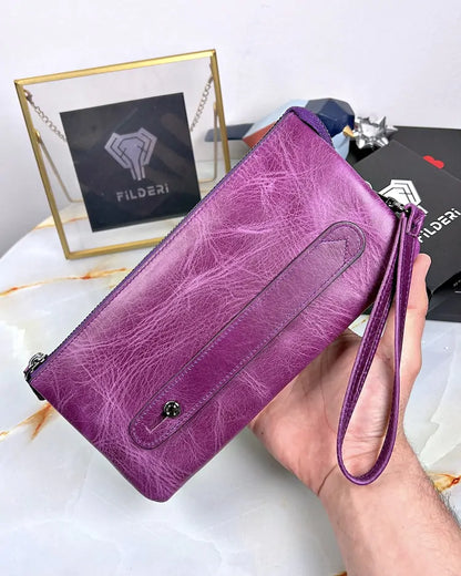 Handbag made of genuine leather with hand strap, color: purple, model 2029