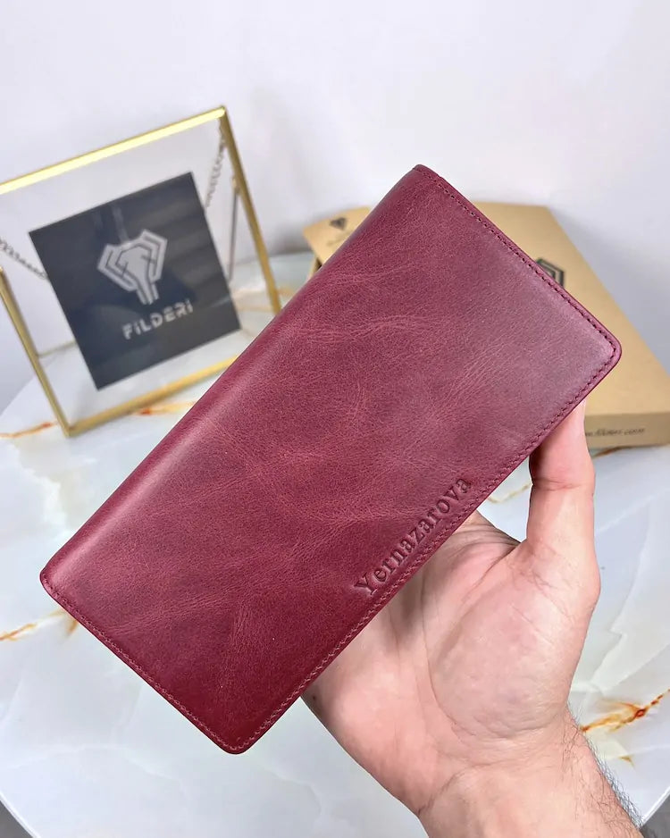 Cell phone pocket wallet made of genuine leather, color: Bordeaux, model 2028