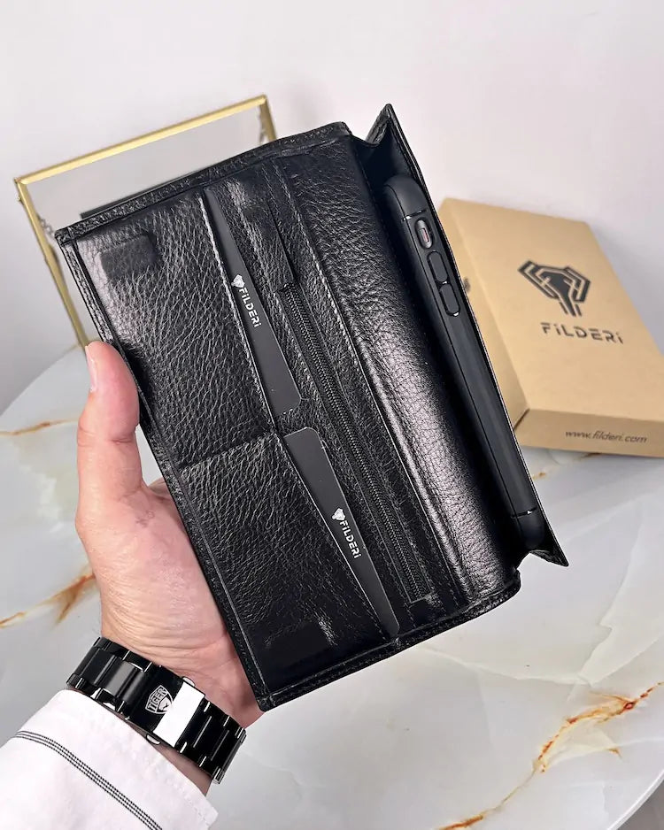 Genuine leather wallet and card holder, color: glossy black, model 2047