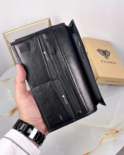 Genuine leather wallet and card holder, color: glossy black, model 2047