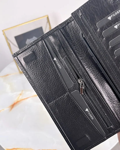 Genuine leather wallet and card holder, color: glossy black, model 2047