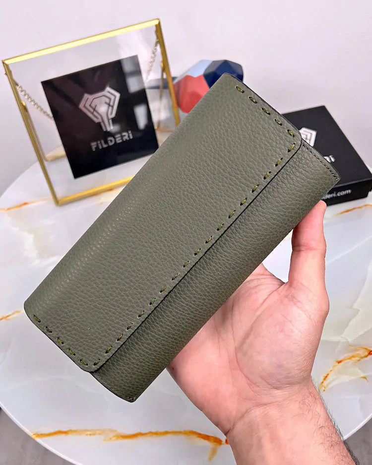 Wallet with saddle stitching, color: khaki, made of genuine leather, model 2022