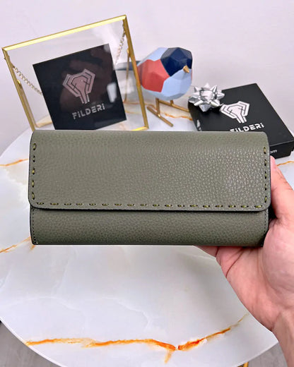 Wallet with saddle stitching, color: khaki, made of genuine leather, model 2022