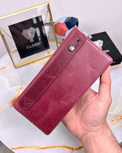 Cell phone pocket wallet made of genuine leather, color: Bordeaux, model 2028