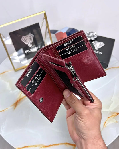 Genuine leather wallet with magnet and zipper, color: Bordeaux, model 2044