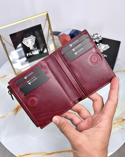 Genuine leather wallet with magnet and zipper, color: Bordeaux, model 2044