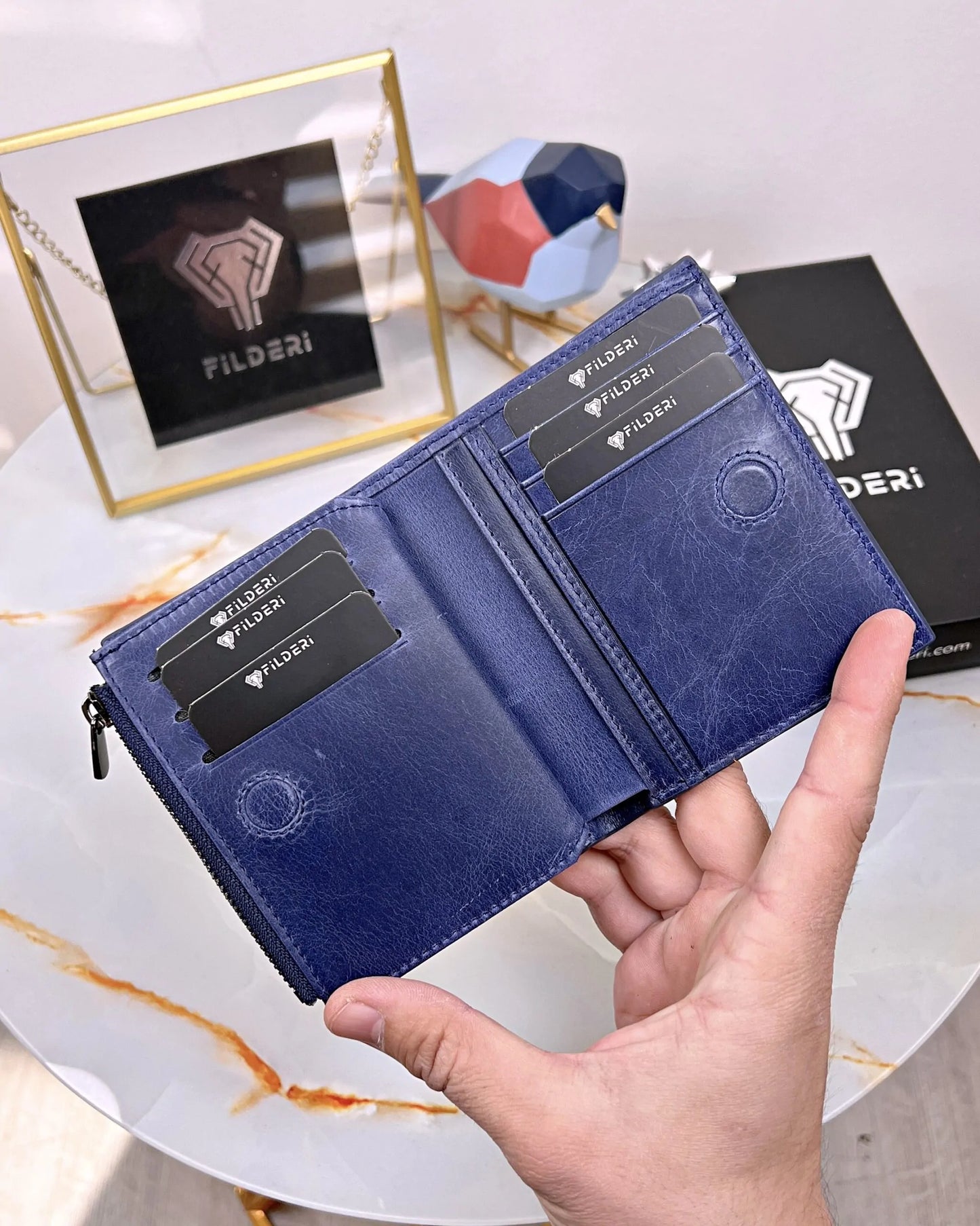 Wallet made of genuine leather, color: dark blue, model 2044