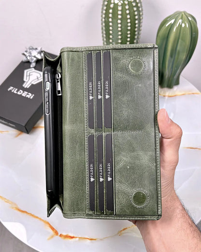 Cell phone wallet made of genuine leather, color: green, model 2028