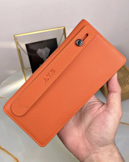 Handtaschen-Geldbörse aus echtem Leder mit Handyfach und Handschlaufe, Farbe: Orange, Modell 2028