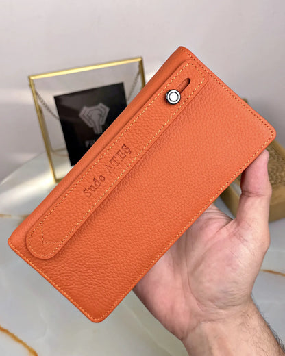 Handtaschen-Geldbörse aus echtem Leder mit Handyfach und Handschlaufe, Farbe: Orange, Modell 2028